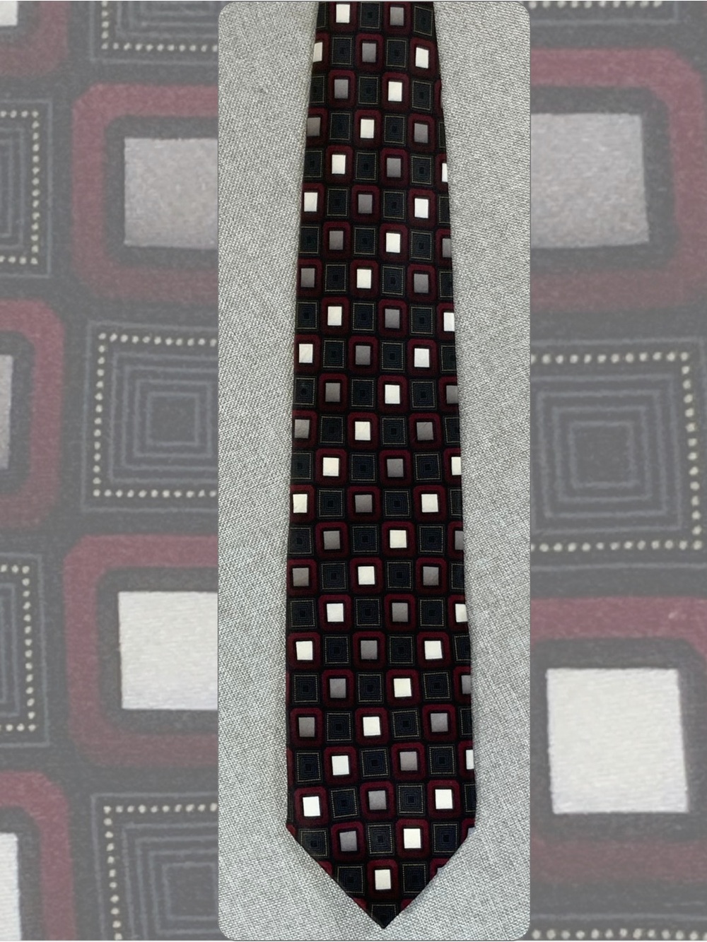 Harve Benard Silk Necktie Burgundy Black Geometric Squares Tie
